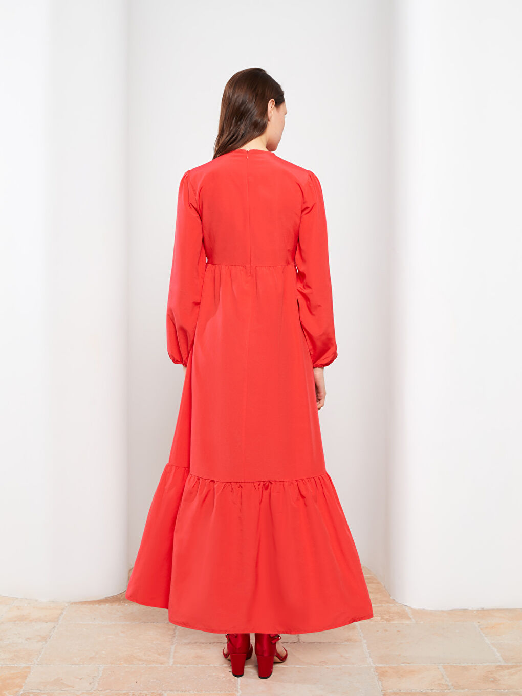 Kırmızı Bisiklet Yaka Düz Uzun Kollu Kadın Elbise-4