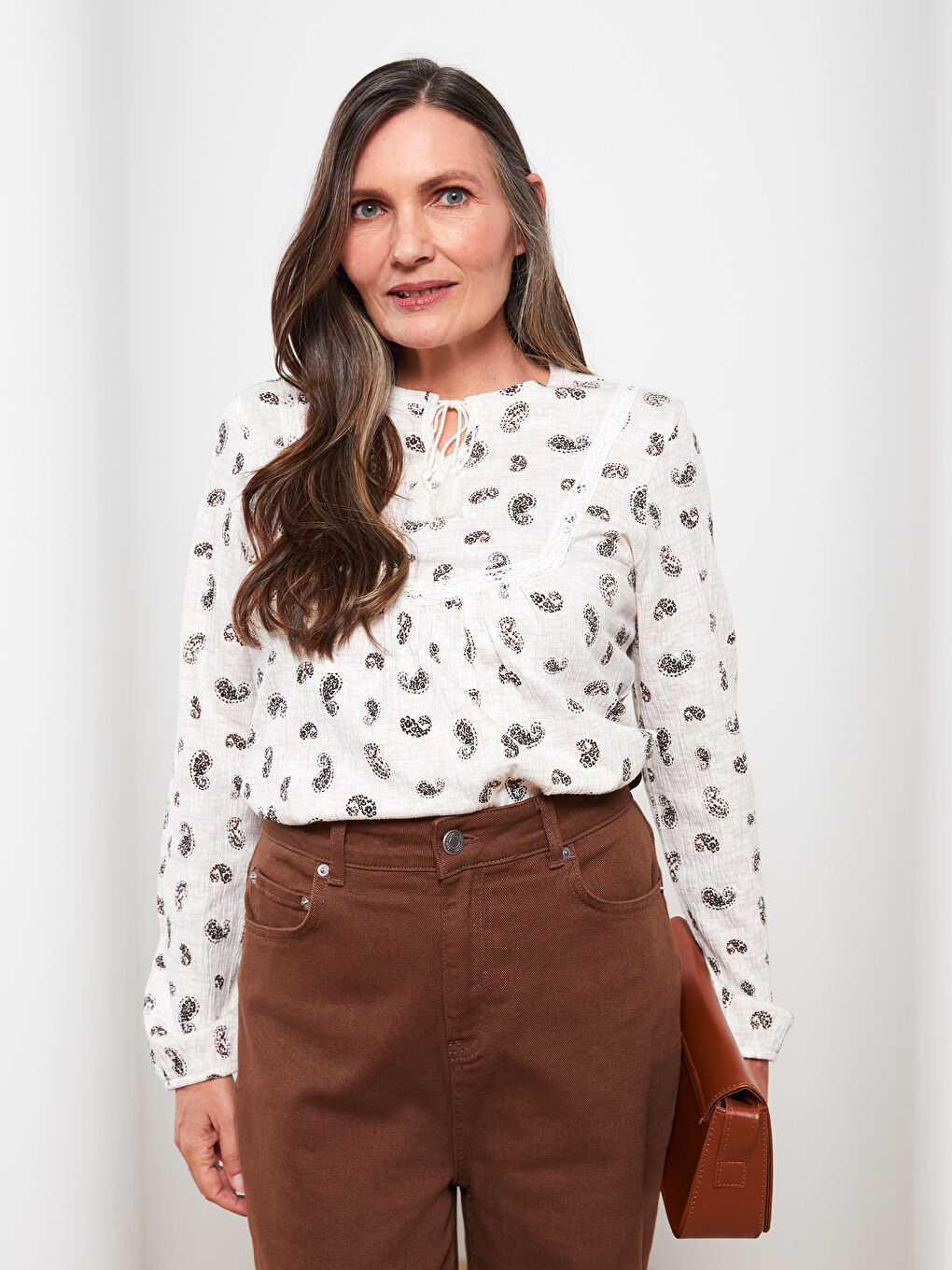 Tie Neck Patterned Long Sleeve Women's Blouse-1