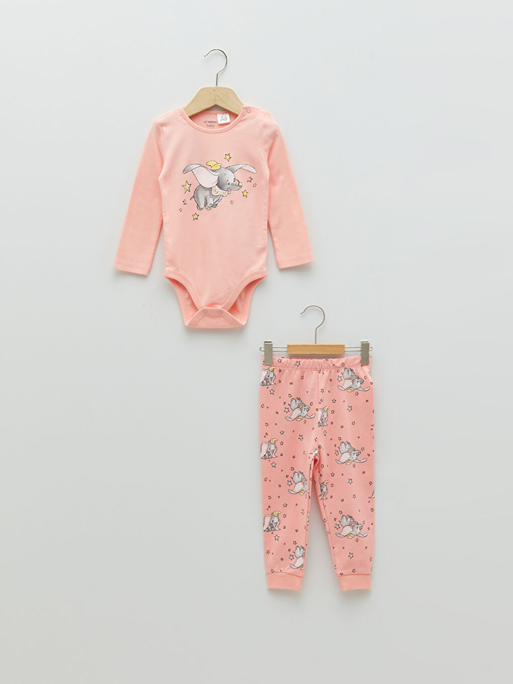 Crew Neck Long Sleeved Dumbo Printed Cotton Baby Girl Snap Fastener Body and Pajama Bottom 2-Pack Set -S2HP49Z1-QWH