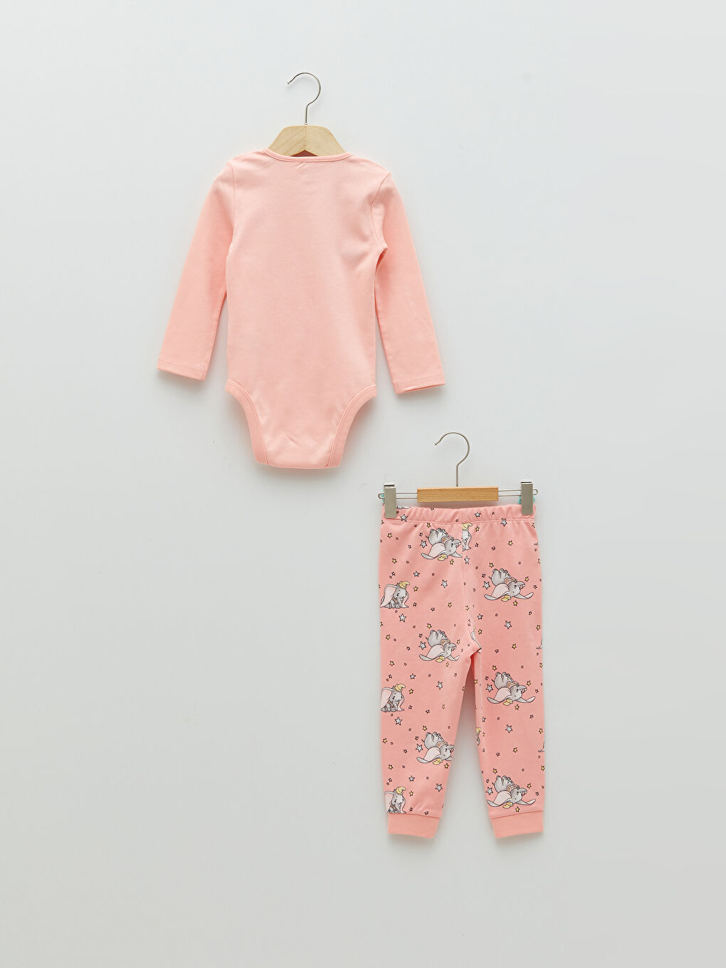 Crew Neck Long Sleeved Dumbo Printed Cotton Baby Girl Snap Fastener Body and Pajama Bottom 2-Pack Set -S2HP49Z1-QWH