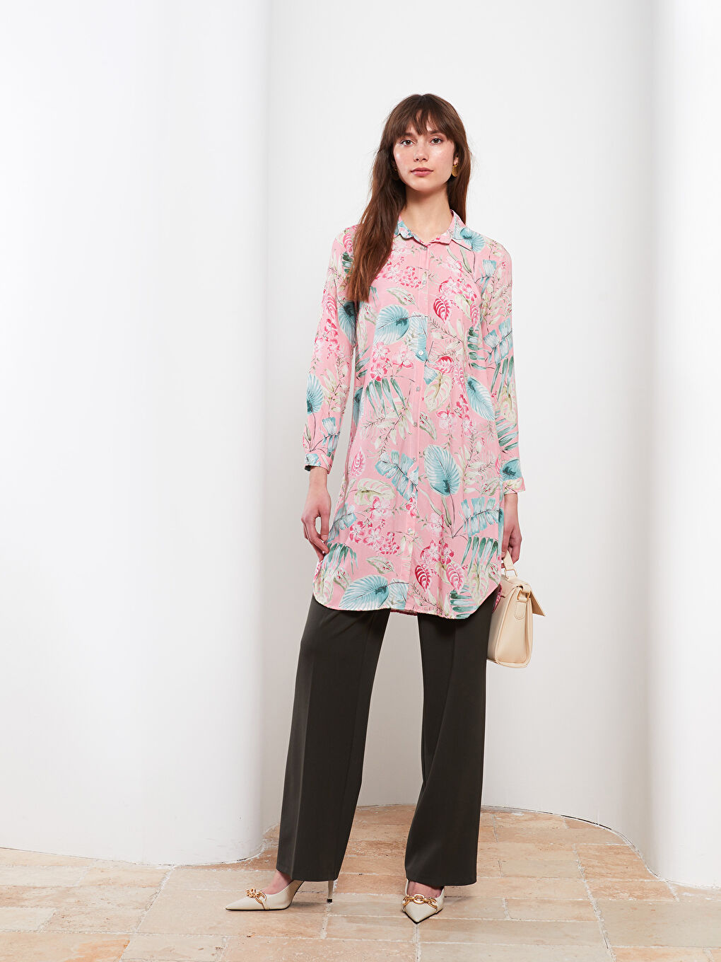 Patterned Long Sleeve Viscose Women's Shirt Tunic -S2HP67Z8-LT4
