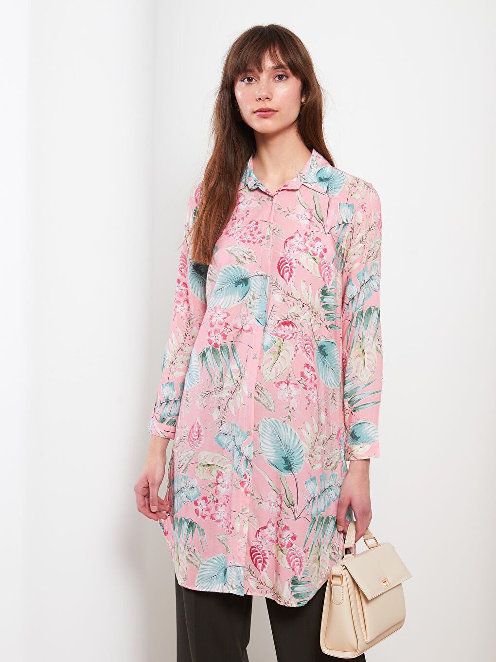 Patterned Long Sleeve Viscose Women's Shirt Tunic -S2HP67Z8-LT4