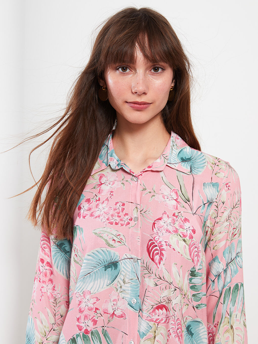 Patterned Long Sleeve Viscose Women's Shirt Tunic -S2HP67Z8-LT4