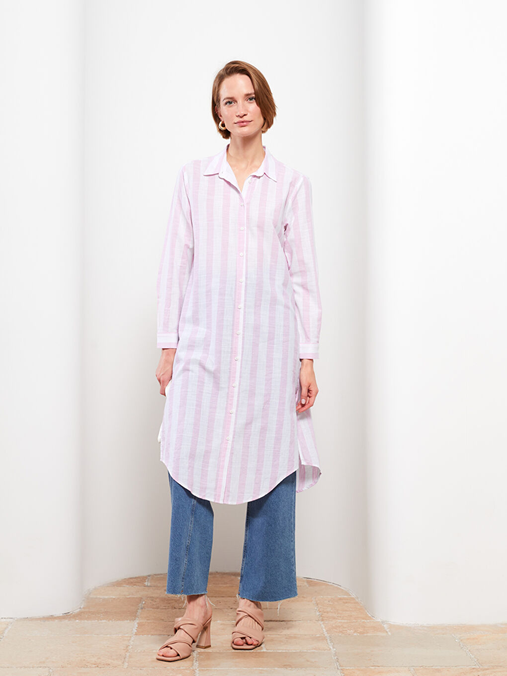 Pembe Çizgili Kadın Gömlek Tunik