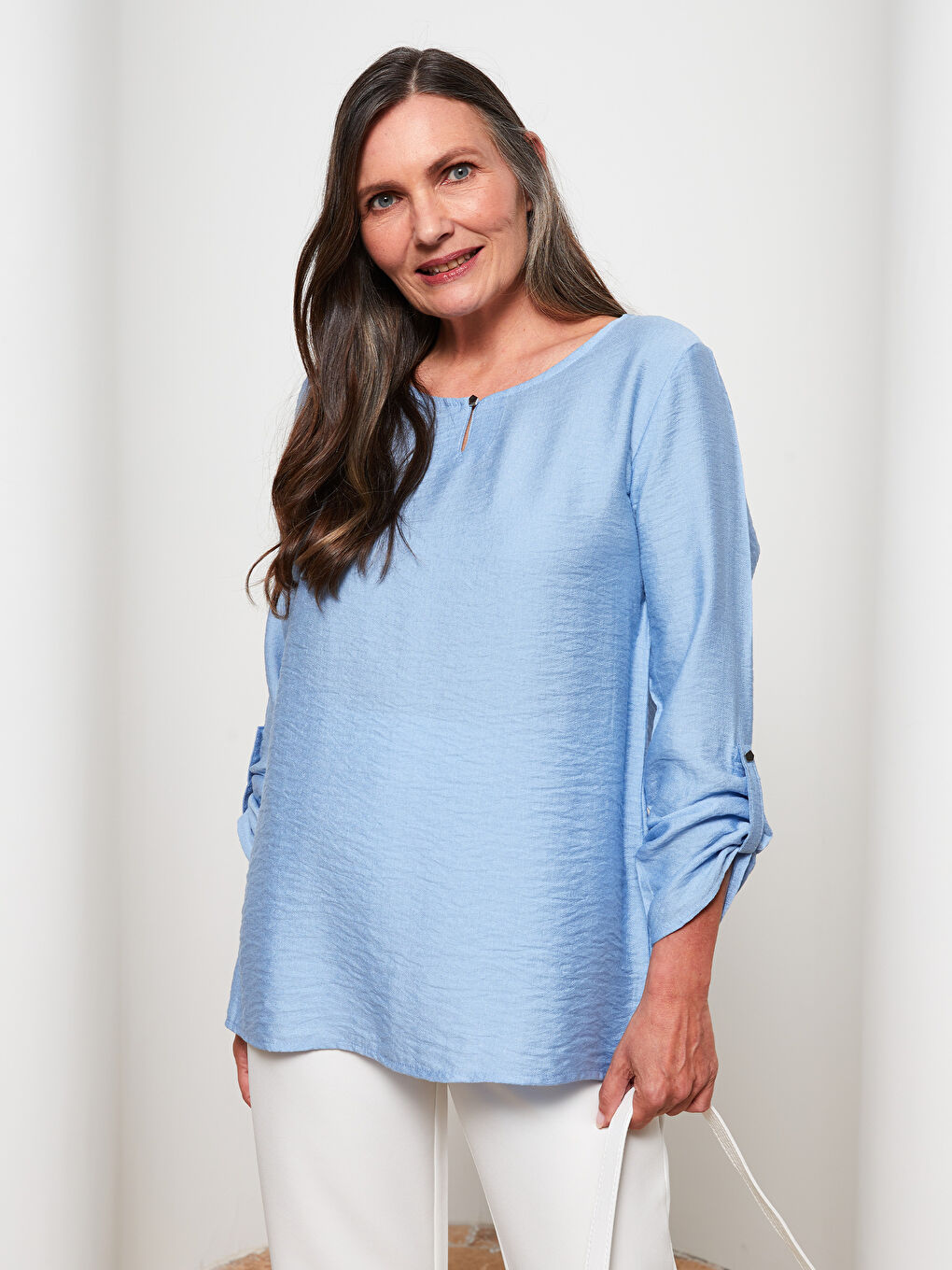 Mavi Bisiklet Yaka Düz Uzun Kollu Kadın Bluz