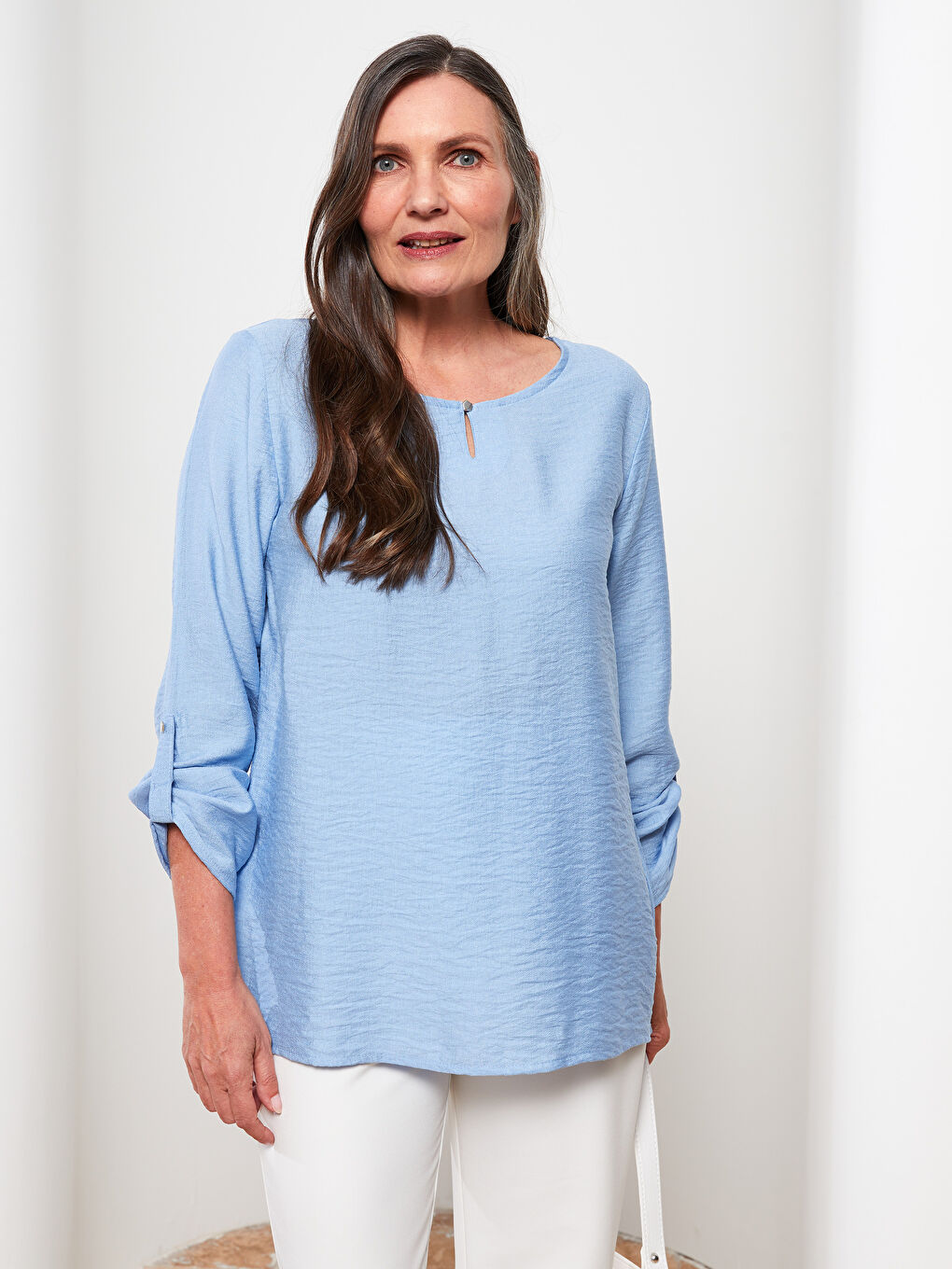Mavi Bisiklet Yaka Düz Uzun Kollu Kadın Bluz-1