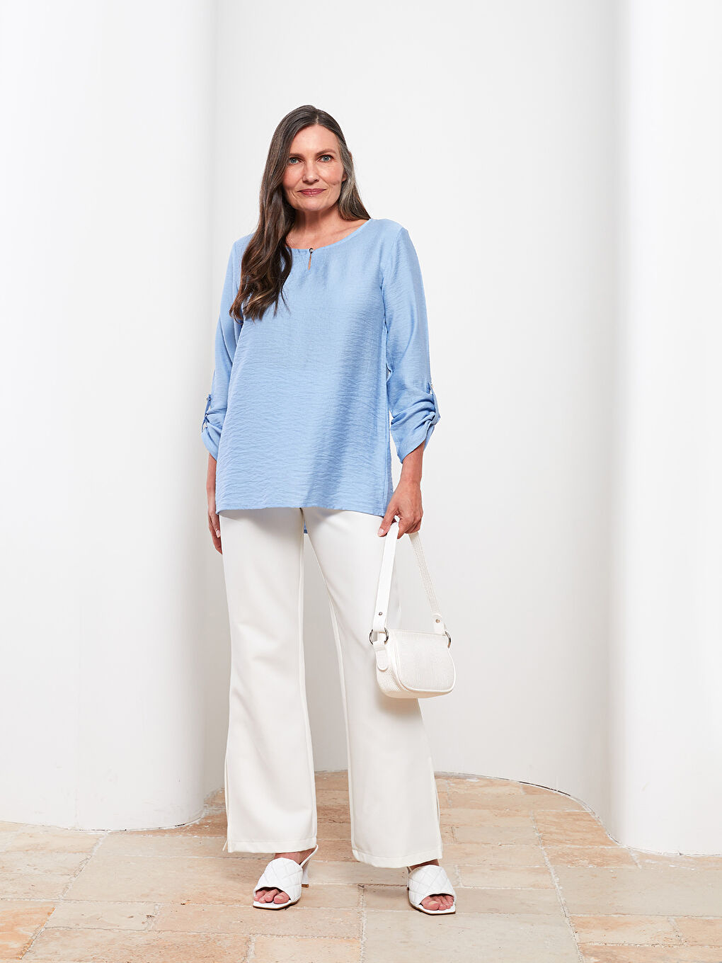 Mavi Bisiklet Yaka Düz Uzun Kollu Kadın Bluz-2