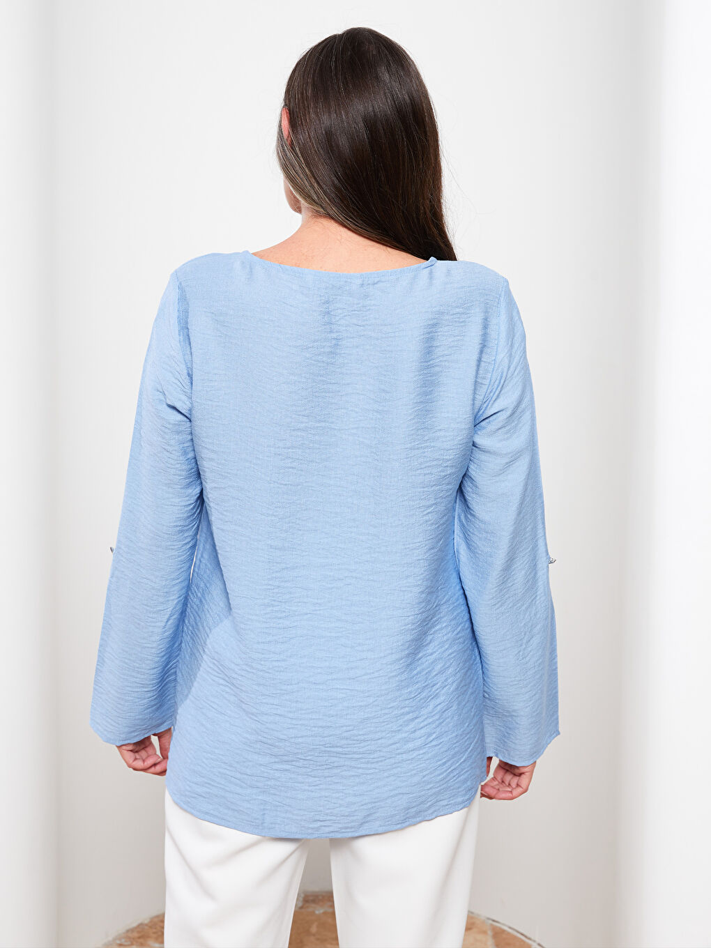 Mavi Bisiklet Yaka Düz Uzun Kollu Kadın Bluz-4