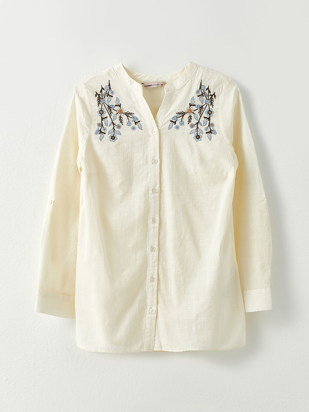 Ekru Kaçık Yaka Nakışlı Uzun Kollu Pamuklu Kadın Gömlek-5