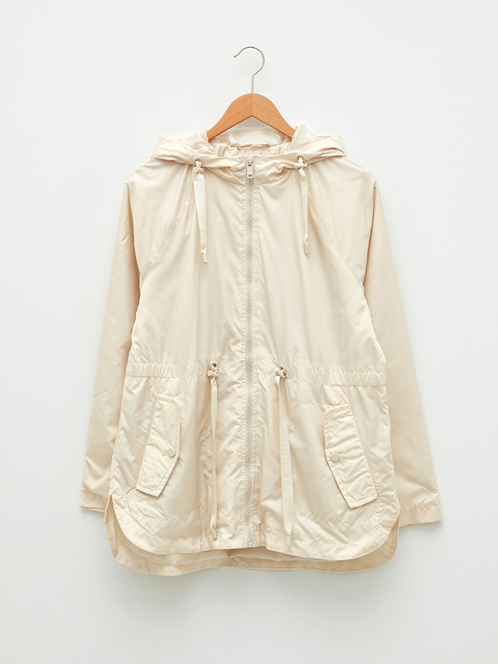 Bej Kadın Kapüşonlu Düz Yağmurluk-6