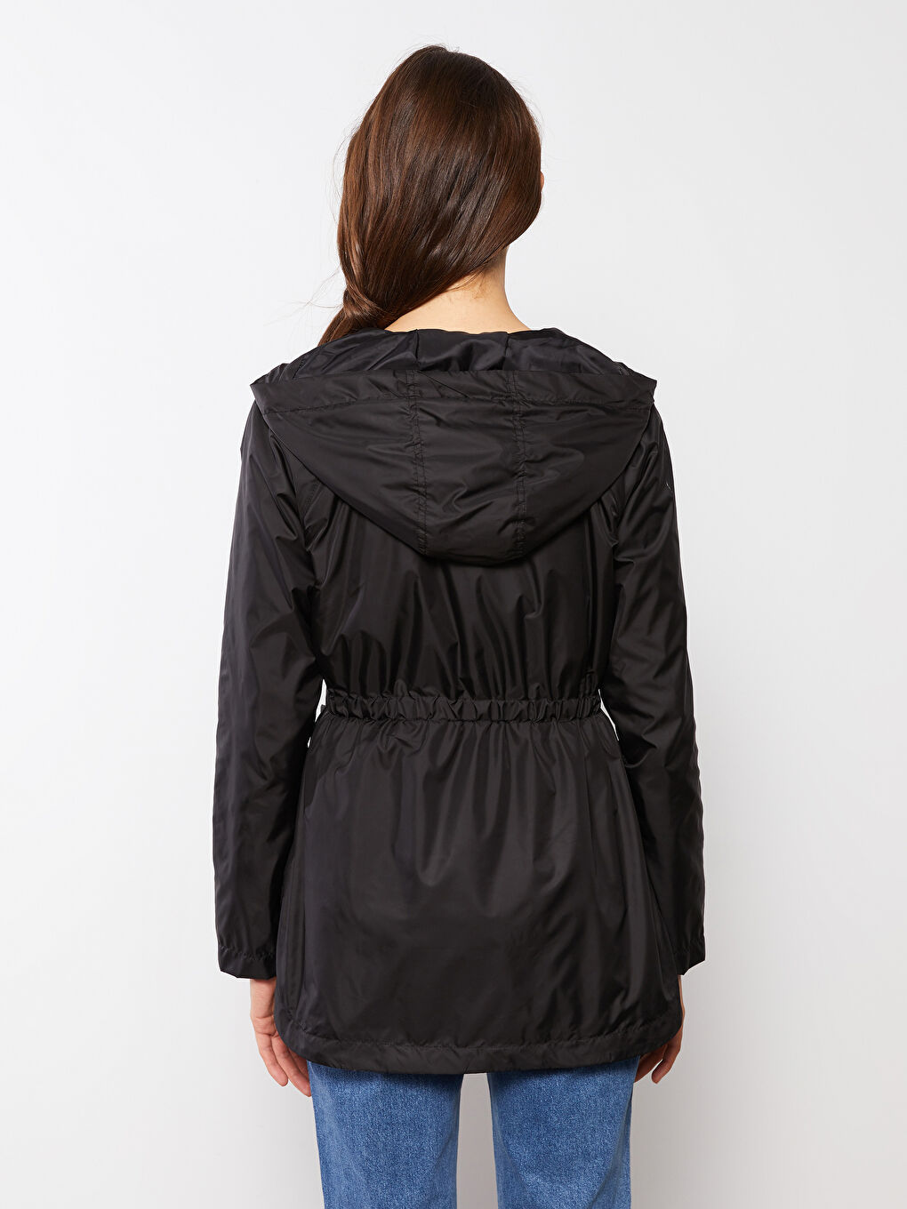 Siyah Kadın Kapüşonlu Düz Yağmurluk-5