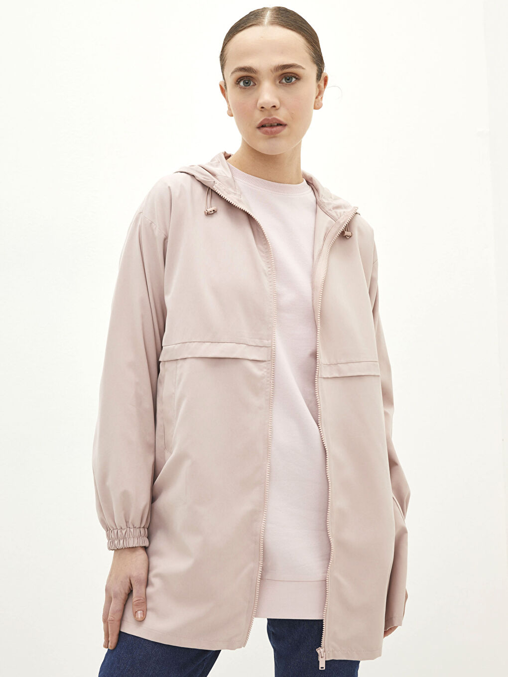 Pembe Kapüşonlu Düz Uzun Kollu Kadın Tunik-1