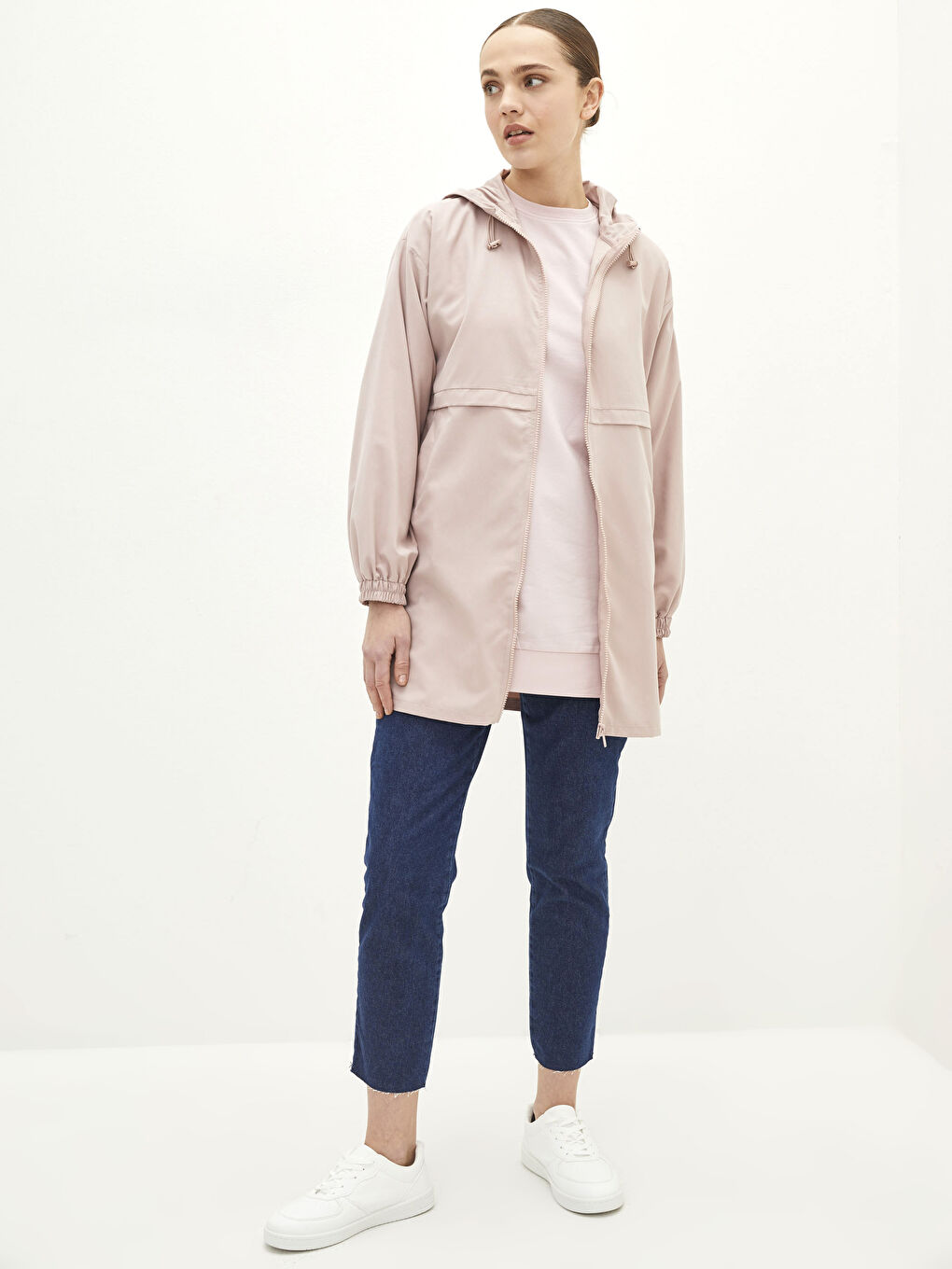 Pembe Kapüşonlu Düz Uzun Kollu Kadın Tunik-2