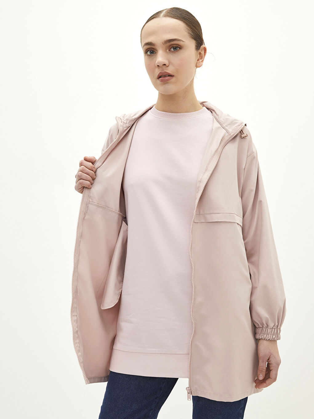 Pembe Kapüşonlu Düz Uzun Kollu Kadın Tunik-3