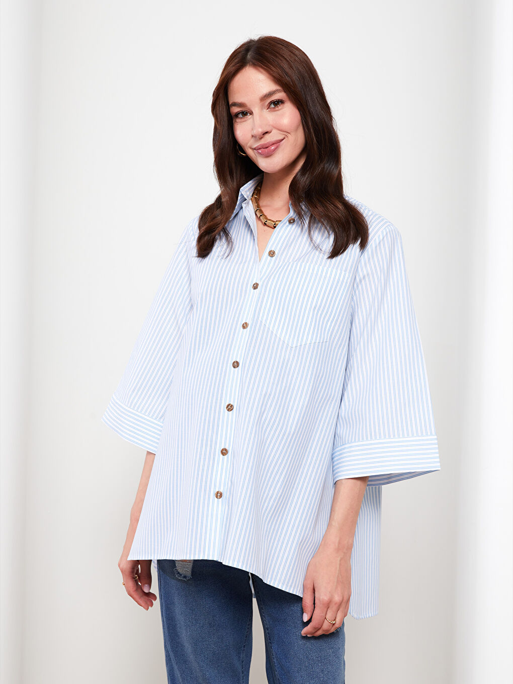 Shirt Collar Striped Poplin Maternity Tunic