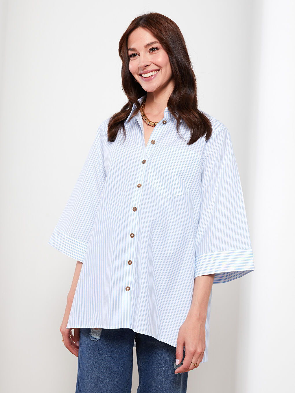 Shirt Collar Striped Poplin Maternity Tunic-1