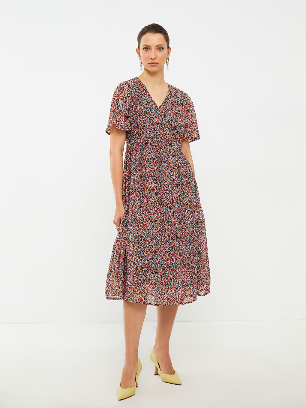 Double Breasted Collar Patterned Short Sleeve Chiffon Women's Dress