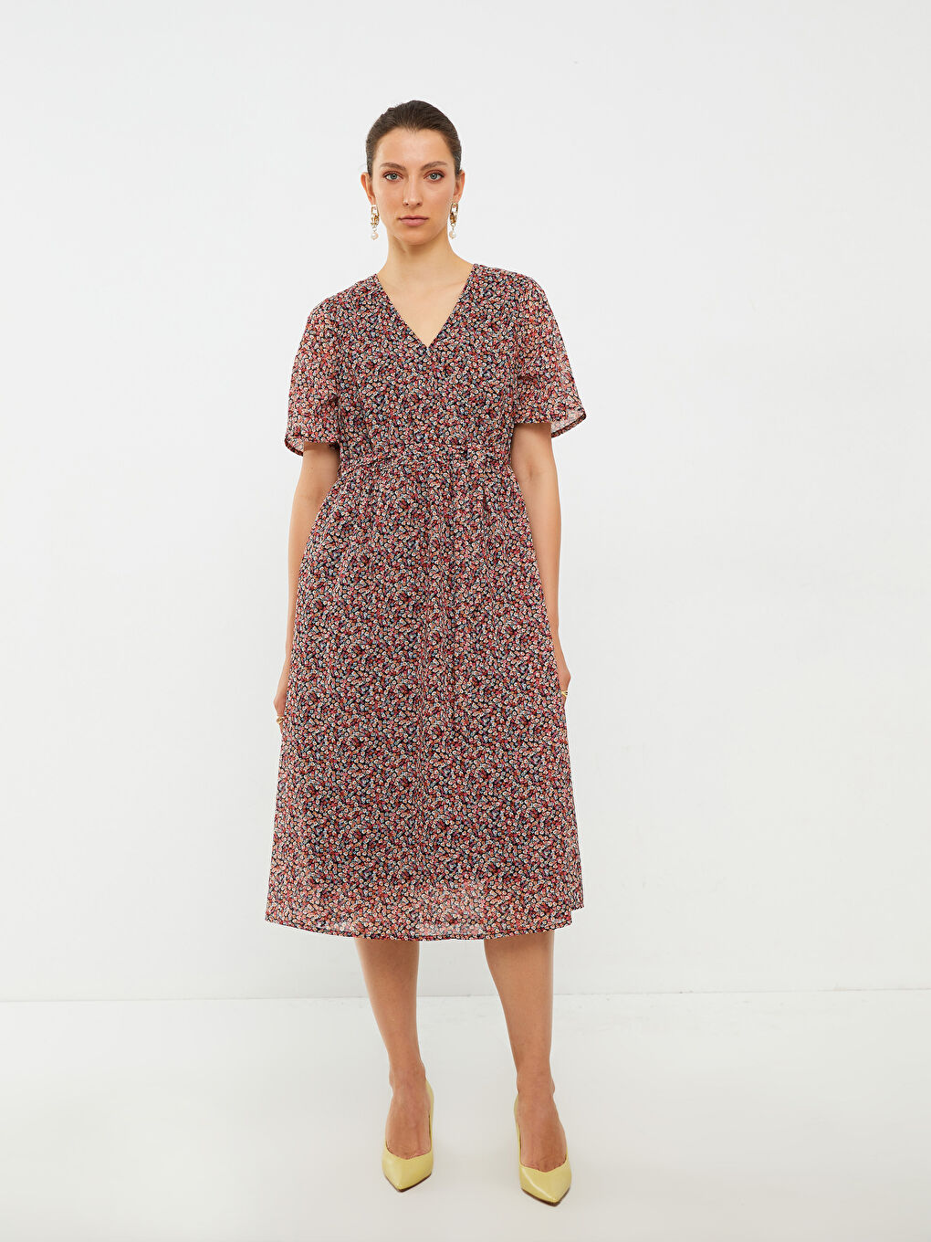 Double Breasted Collar Patterned Short Sleeve Chiffon Women's Dress-1