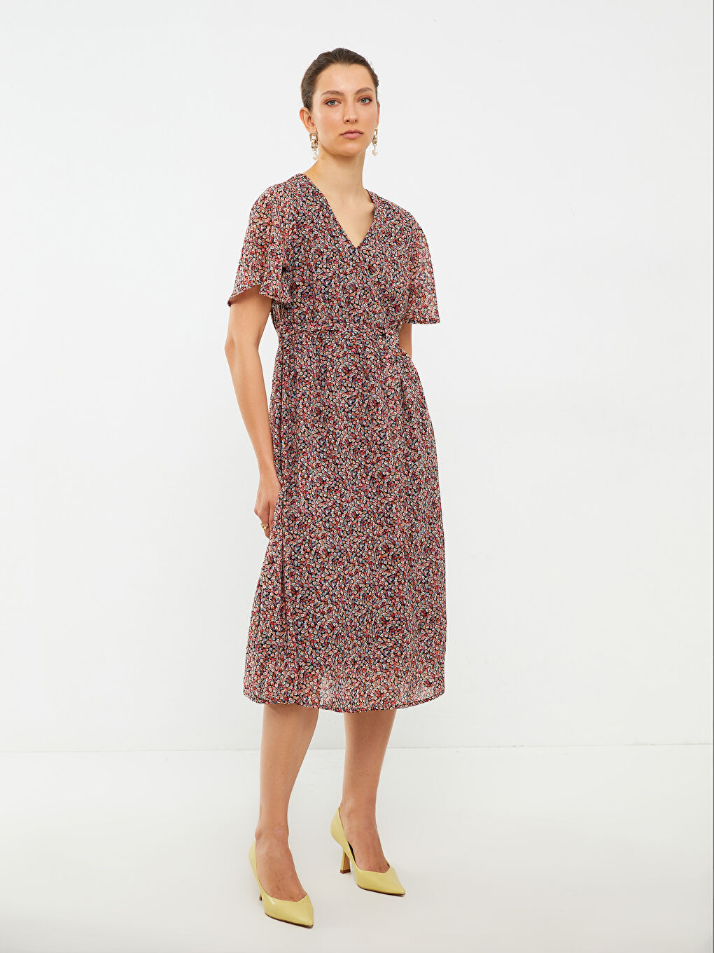 Double Breasted Collar Patterned Short Sleeve Chiffon Women's Dress-2