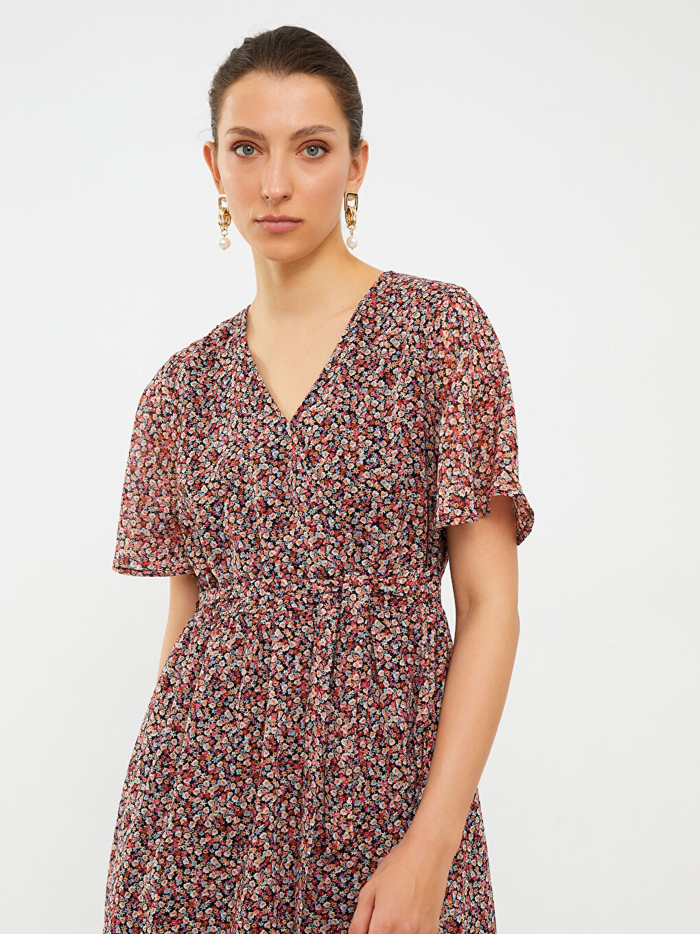 Double Breasted Collar Patterned Short Sleeve Chiffon Women's Dress-3