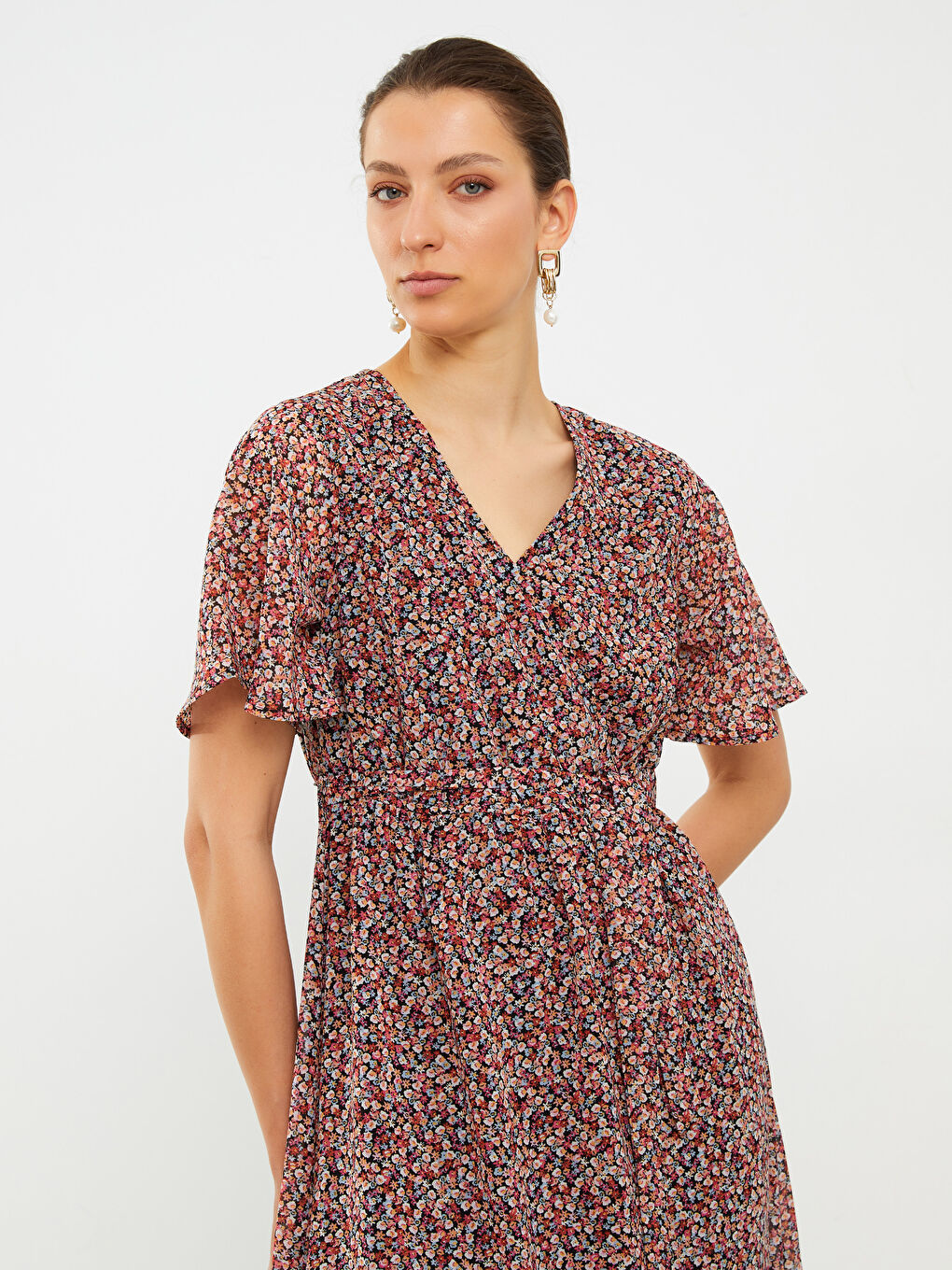 Double Breasted Collar Patterned Short Sleeve Chiffon Women's Dress-4
