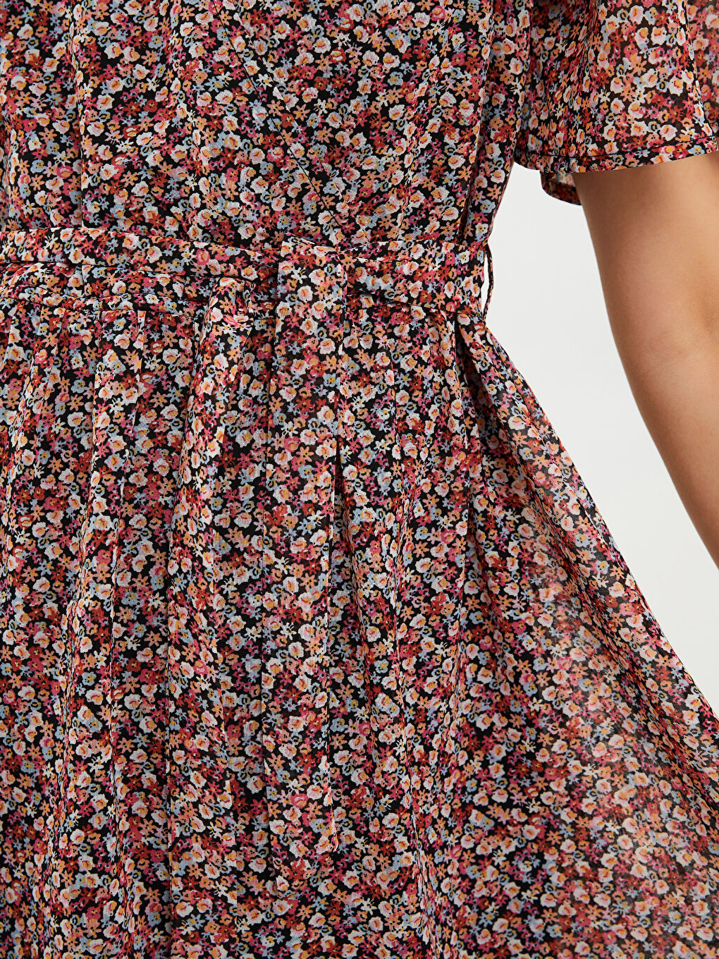 Double Breasted Collar Patterned Short Sleeve Chiffon Women's Dress-5