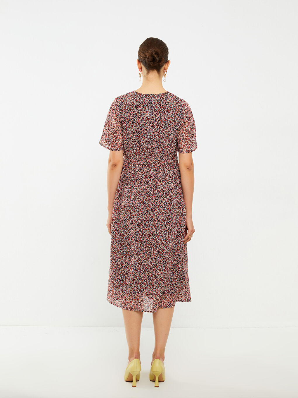 Double Breasted Collar Patterned Short Sleeve Chiffon Women's Dress-6