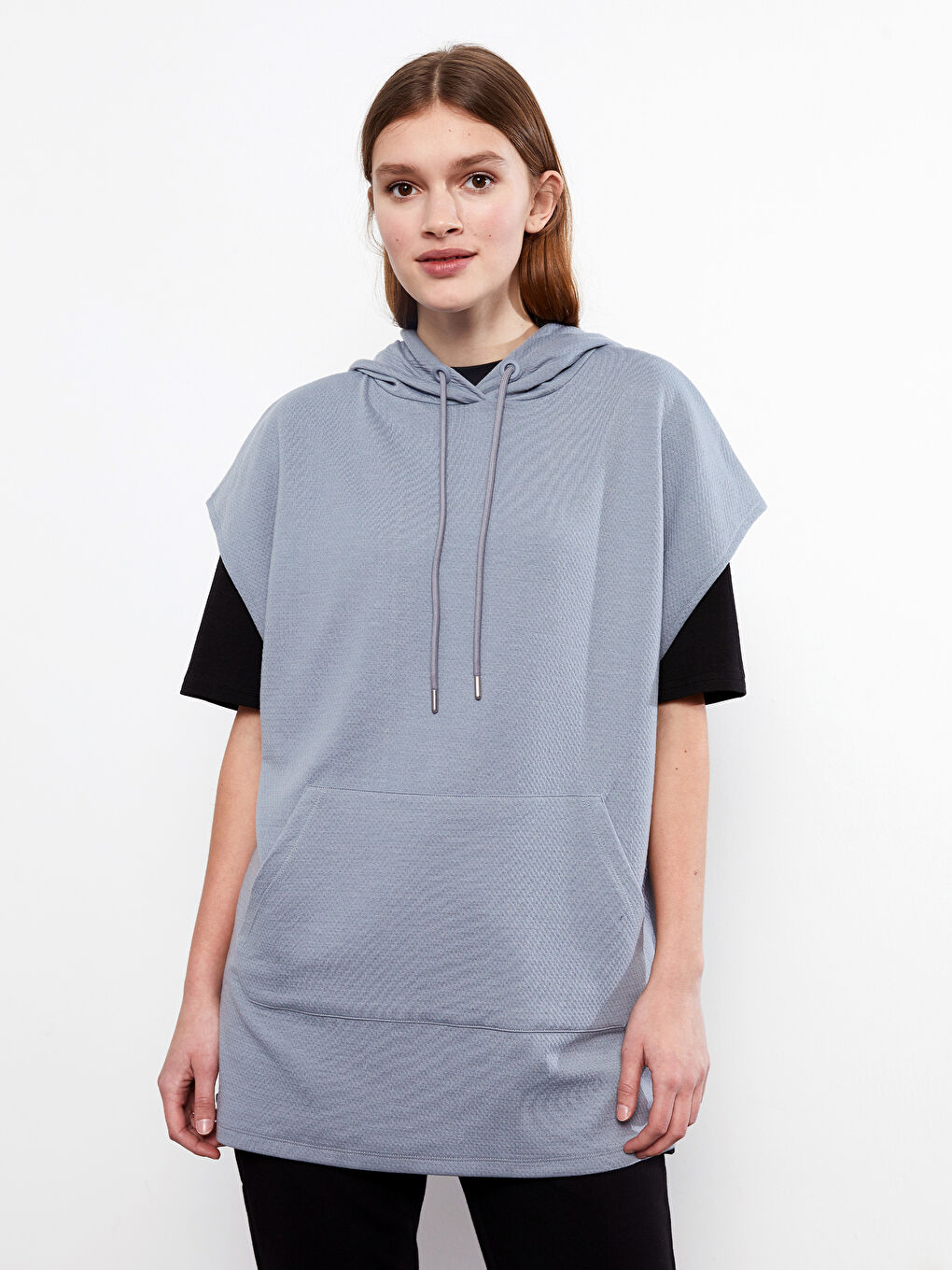 Mavi Kapüşonlu Kendinden Desenli Kadın Süveter