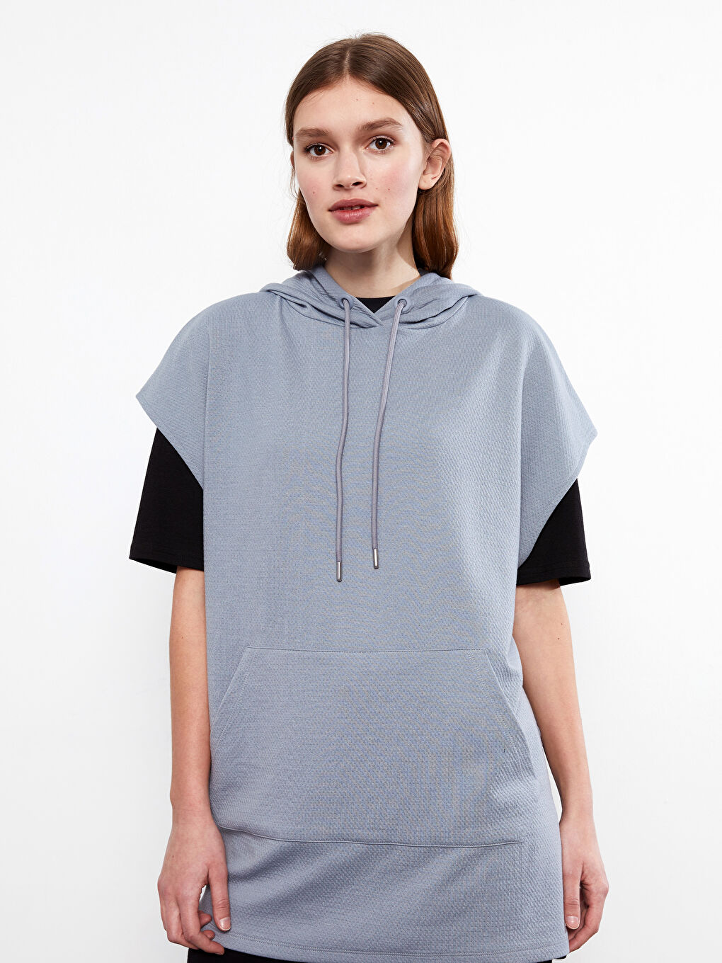 Mavi Kapüşonlu Kendinden Desenli Kadın Süveter-2