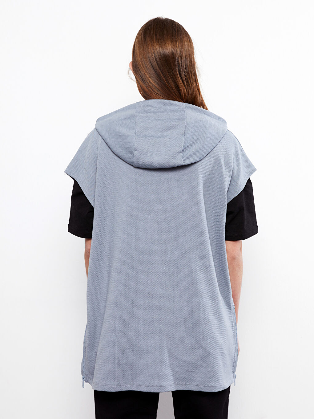 Mavi Kapüşonlu Kendinden Desenli Kadın Süveter-4