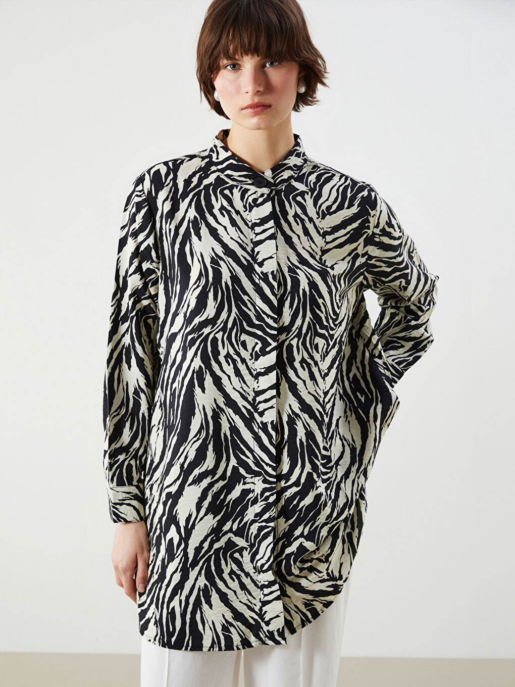 Grandad Collar Patterned Women's Shirt Tunic -S2HR11Z8-LQB