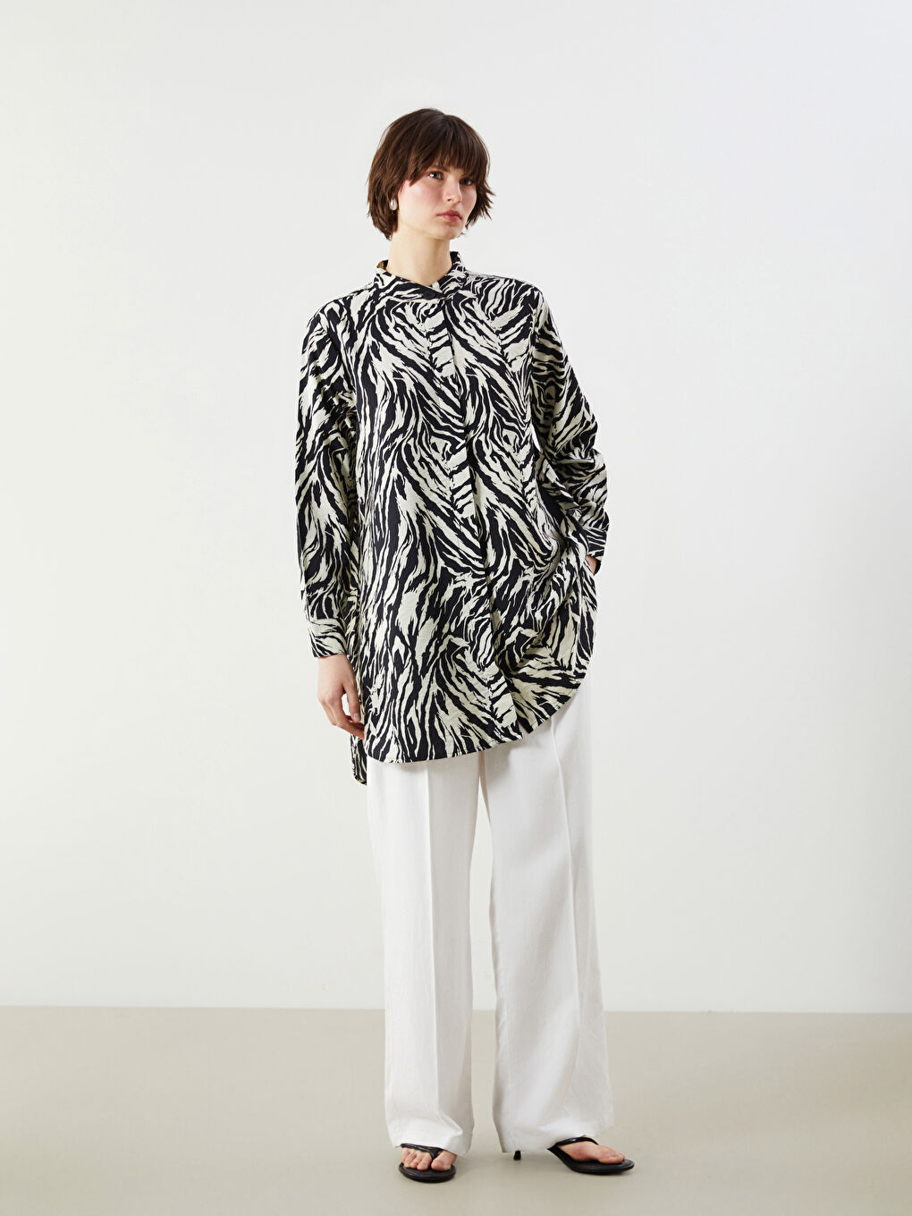 Grandad Collar Patterned Women's Shirt Tunic -S2HR11Z8-LQB