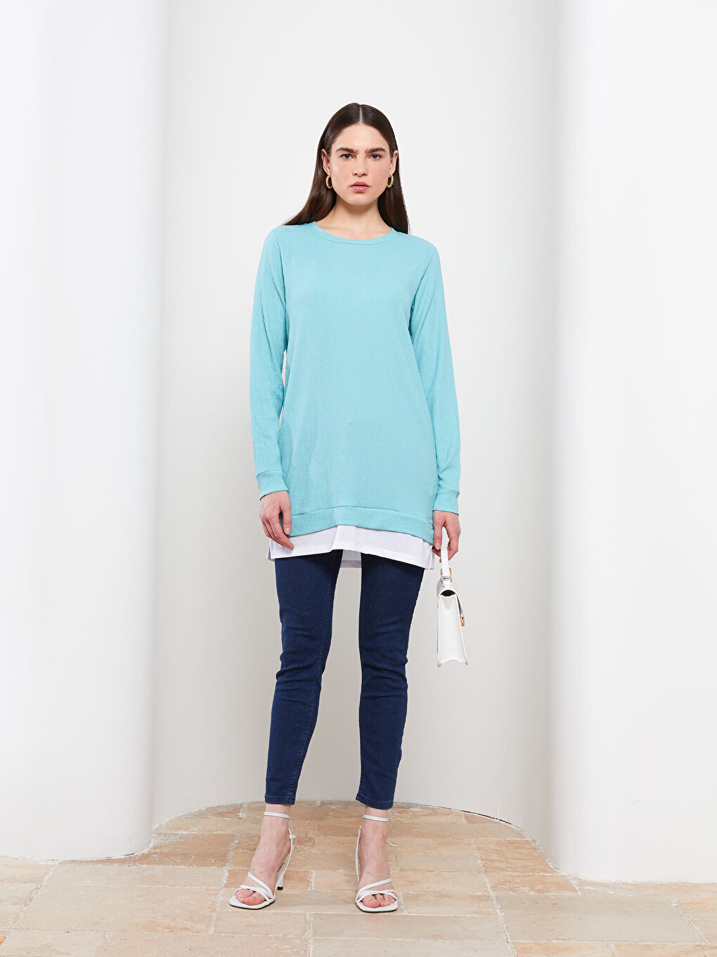 تونيك سادة بياقة دائرية بأكمام طويلة للسيدات-1