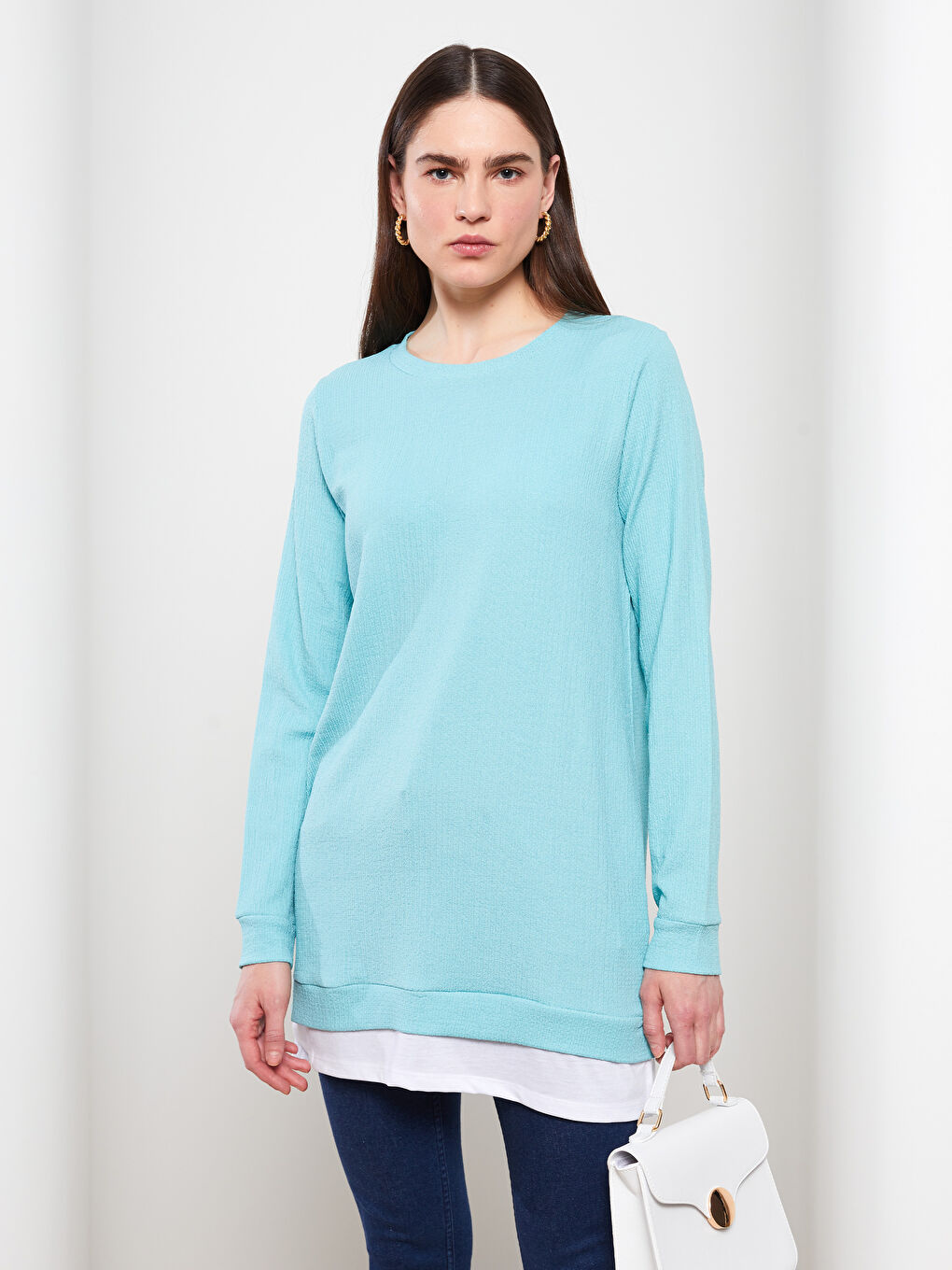 تونيك سادة بياقة دائرية بأكمام طويلة للسيدات-2