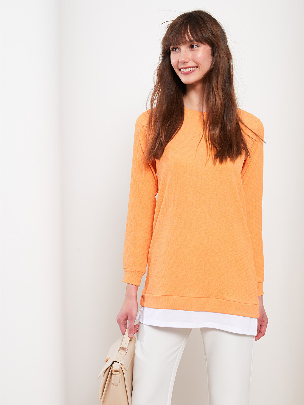 Crew Neck Plain Long Sleeve Women's Tunic-1