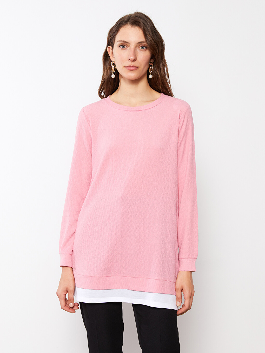 Crew Neck Plain Long Sleeve Women's Tunic-2