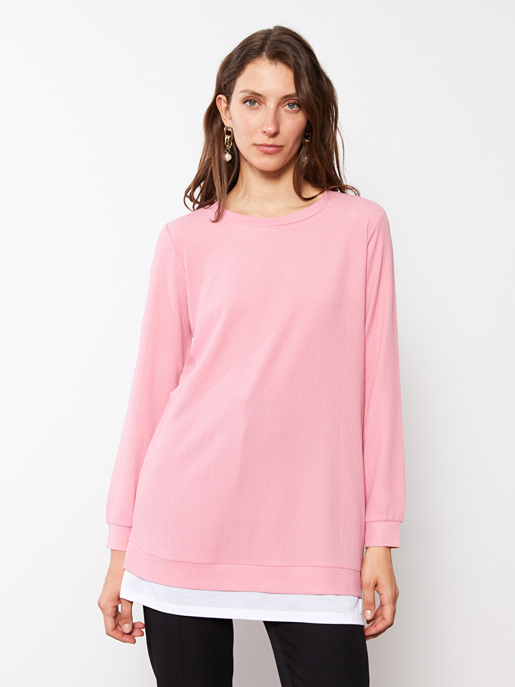 Crew Neck Plain Long Sleeve Women's Tunic-3