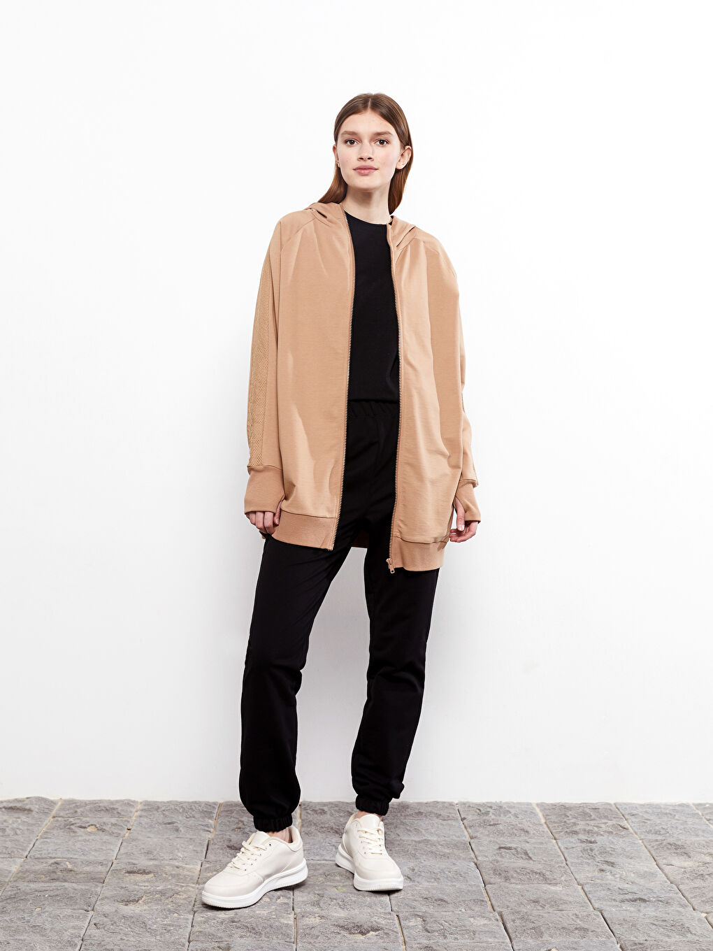 كارديجان رياضي سادة كم طويل بكابوش للسيدات-1