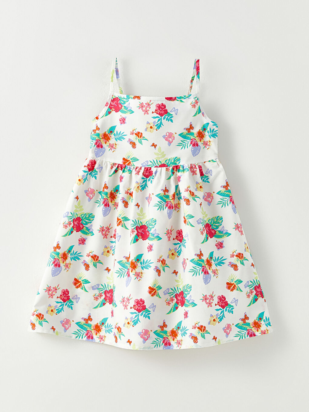 Square Neck Patterned Strappy Poplin Girl Dress