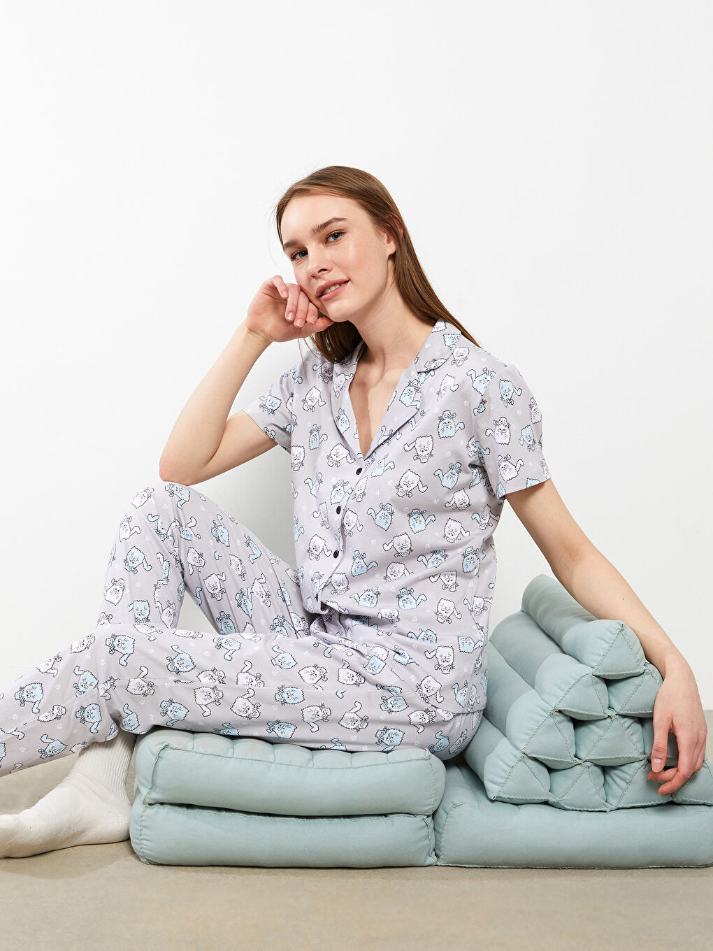 Set de pijama pentru Femei din Bumbac cu Guler de Cămașă, Cu Model, Mânecă Scurtă