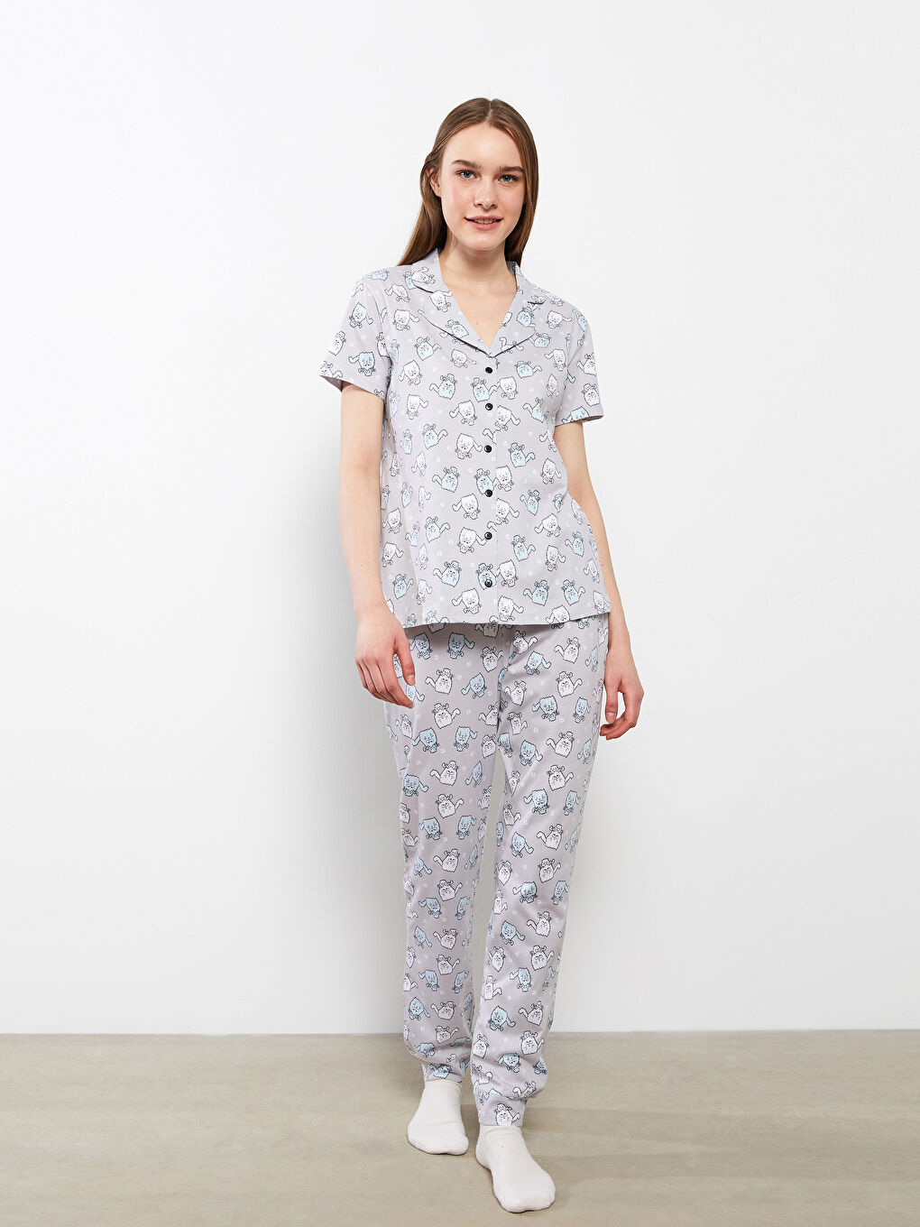 Set de pijama pentru Femei din Bumbac cu Guler de Cămașă, Cu Model, Mânecă Scurtă-1