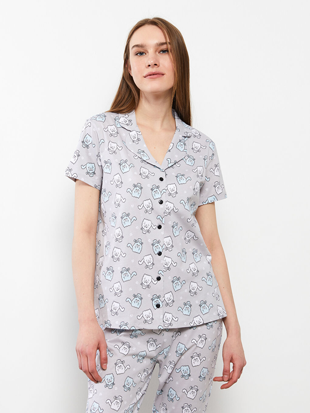Set de pijama pentru Femei din Bumbac cu Guler de Cămașă, Cu Model, Mânecă Scurtă-2