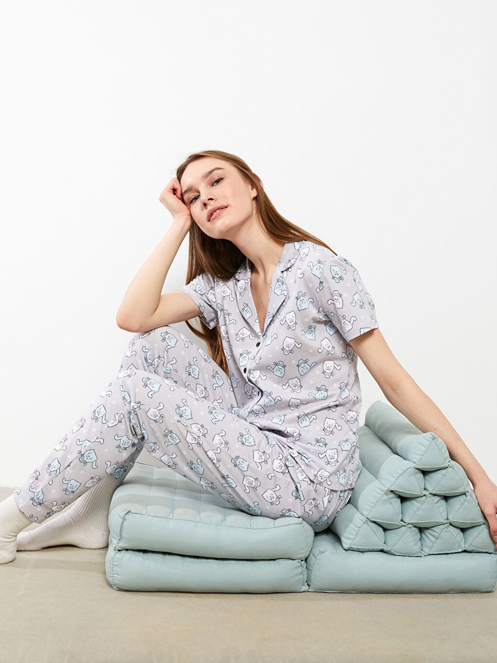 Set de pijama pentru Femei din Bumbac cu Guler de Cămașă, Cu Model, Mânecă Scurtă-3