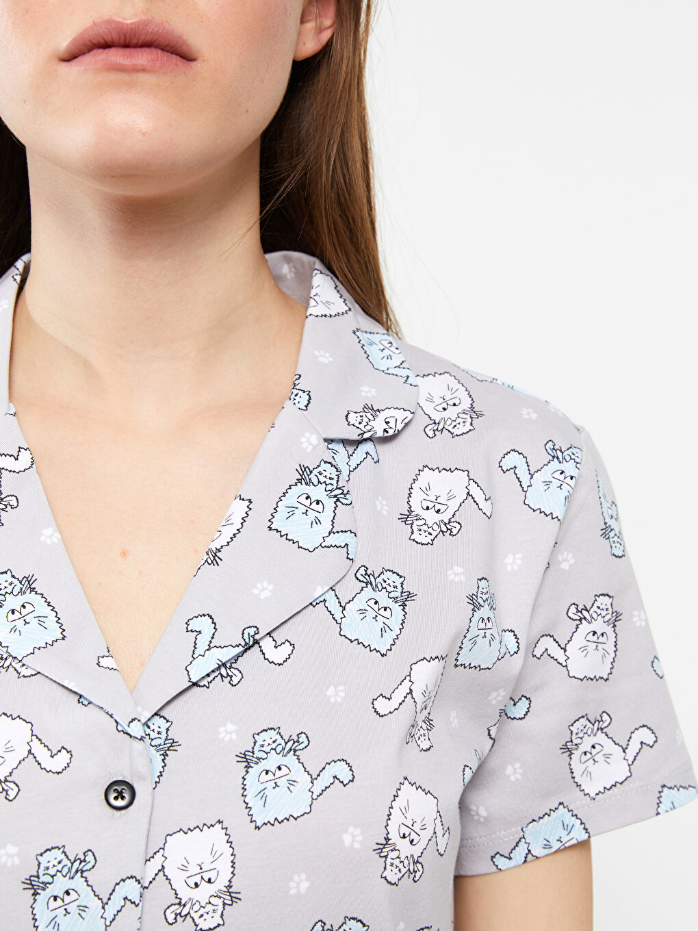 Set de pijama pentru Femei din Bumbac cu Guler de Cămașă, Cu Model, Mânecă Scurtă-4