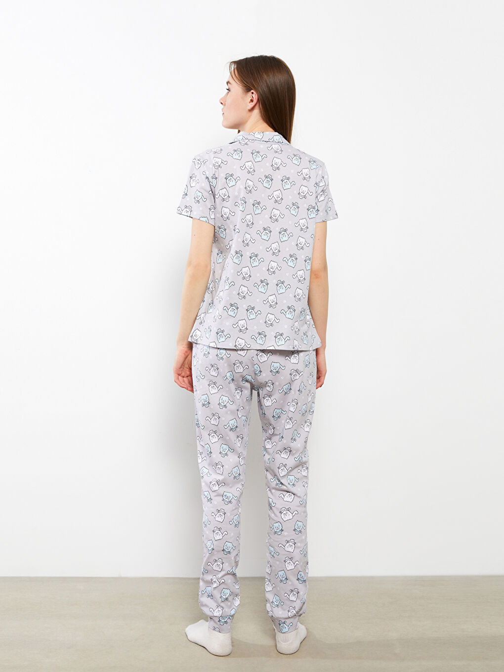 Set de pijama pentru Femei din Bumbac cu Guler de Cămașă, Cu Model, Mânecă Scurtă-5