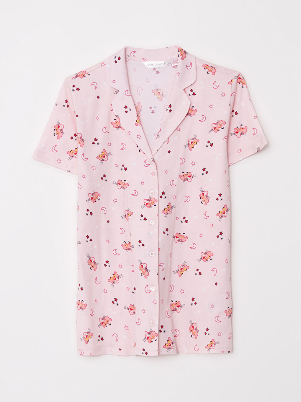 LCW Young Shirt Collar Pink Panther Printed Short Sleeve Cotton Women Pajamas Set -S2HR61Z8-LSZ