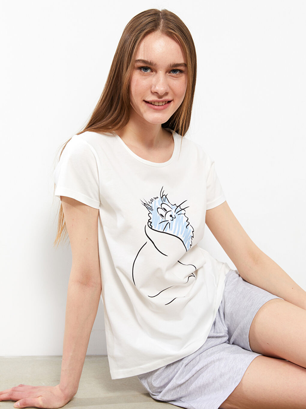 Gri Bisiklet Yaka Baskılı Kısa Kollu Pamuklu Kadın Pijama Takımı-2