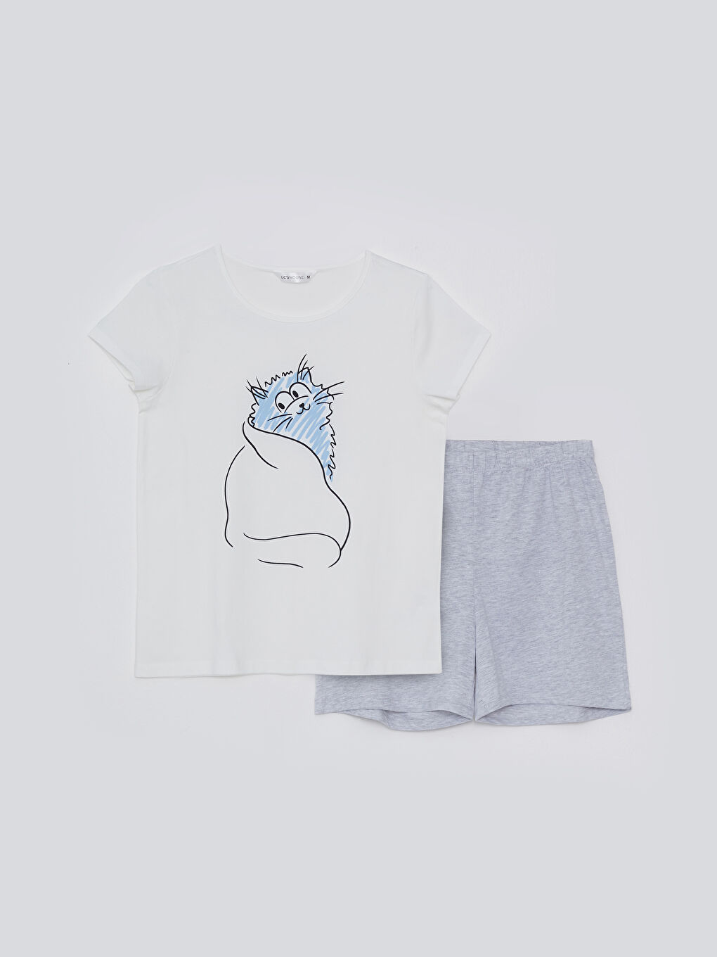 Gri Bisiklet Yaka Baskılı Kısa Kollu Pamuklu Kadın Pijama Takımı-5