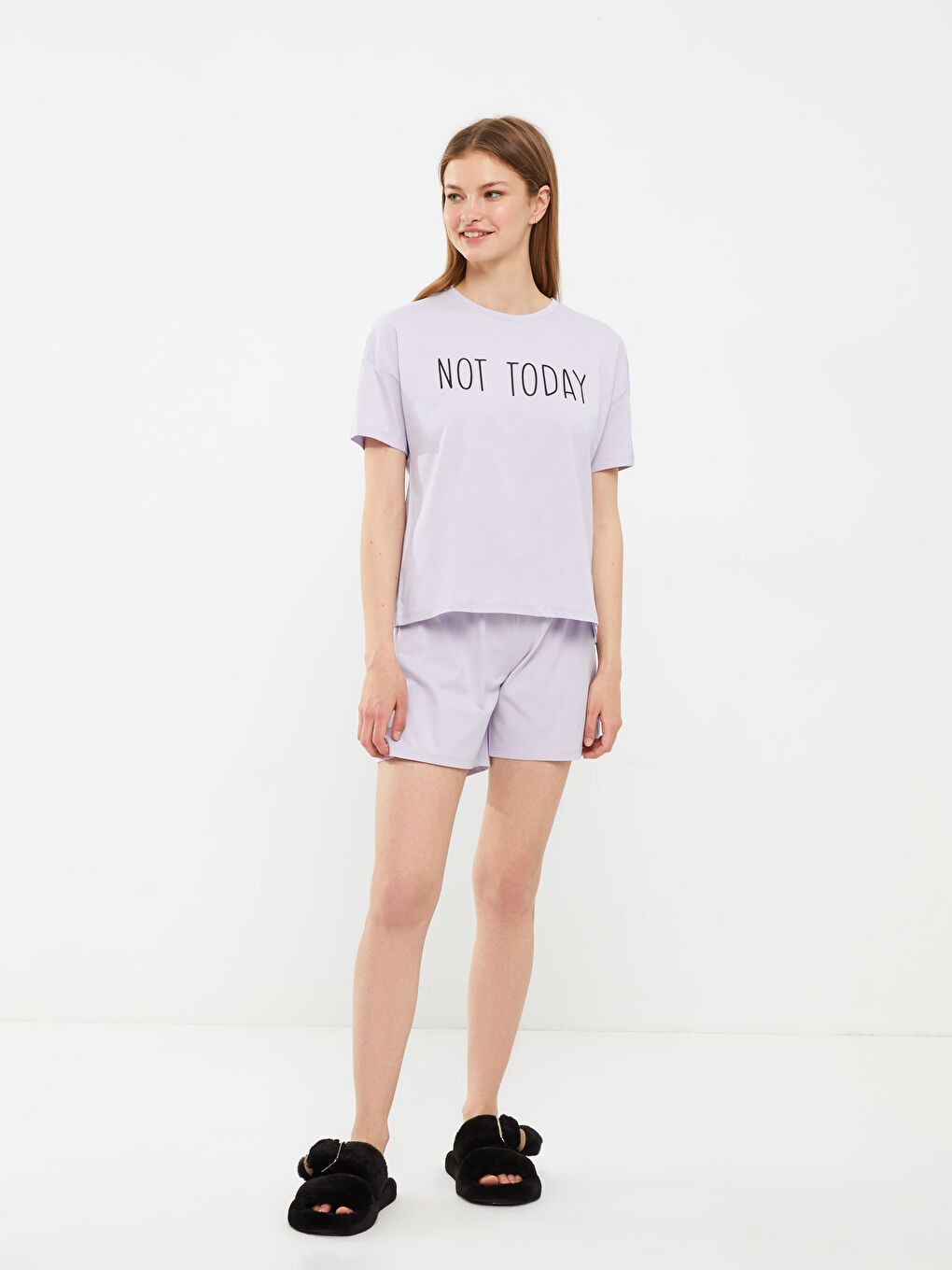 Lila Bisiklet Yaka Baskılı Pamuklu Kadın Pijama Takımı