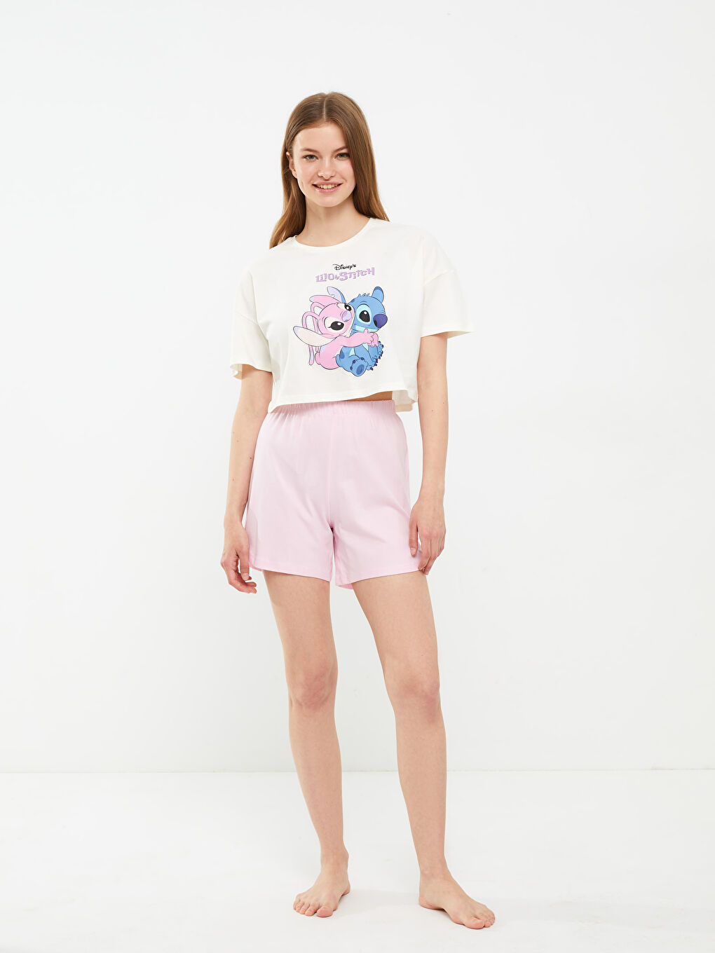 Crew Neck Lilo & Stitch Printed Short Sleeve Cotton Women's Pajamas Set